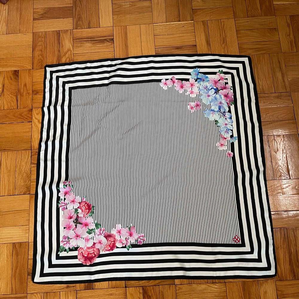 Beautiful 34” square silk scarf, stripes and flowers.